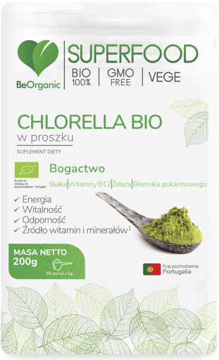 Chlorella zwyczajna (Chlorella Vulgaris) BIO w proszku 200 g SuperFood, beOrganic