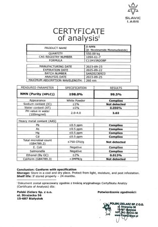 NMN Czysty Laboratoryjnie >99.5% Mononukleotyd Nikotynamidu 40g - SlavicLabs