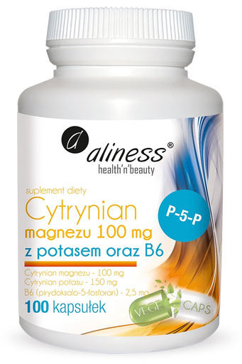 Magnez (cytrynian magnezu) 100 mg + potas i witamina B6 100 vege kaps, Aliness