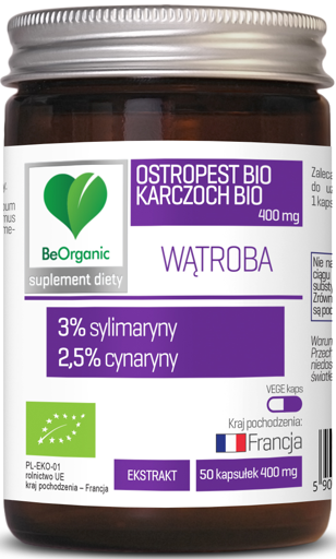 BeOrganic, Wątroba, Ostropest BIO 3% + Karczoch BIO 2,5%, 400 mg x 50 kaps.