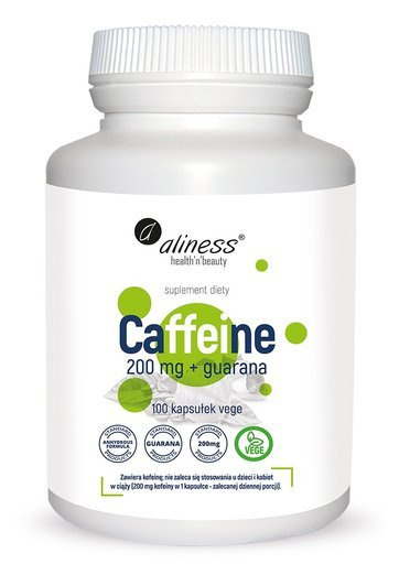 Kofeina - Caffeine 200mg z guaraną, 100 wegetariańskich kapsułek, Aliness