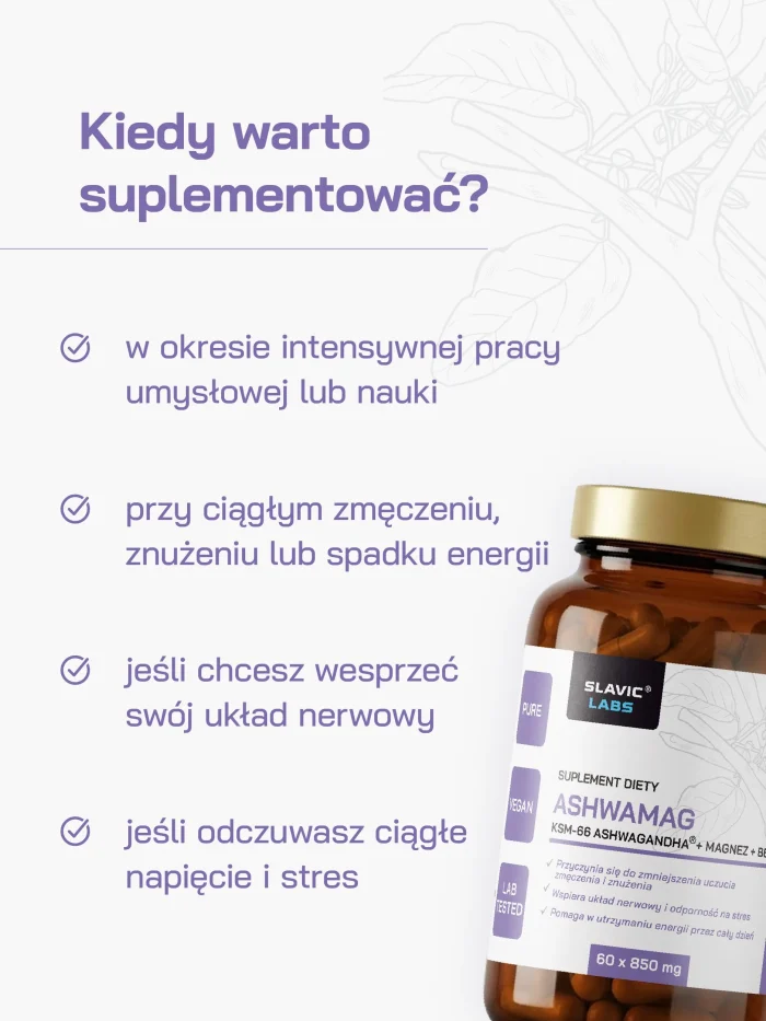 AshwaMag – Ashwagandha + Magnez + B6 850mg 60kaps Slavic Labs - obrazek 3