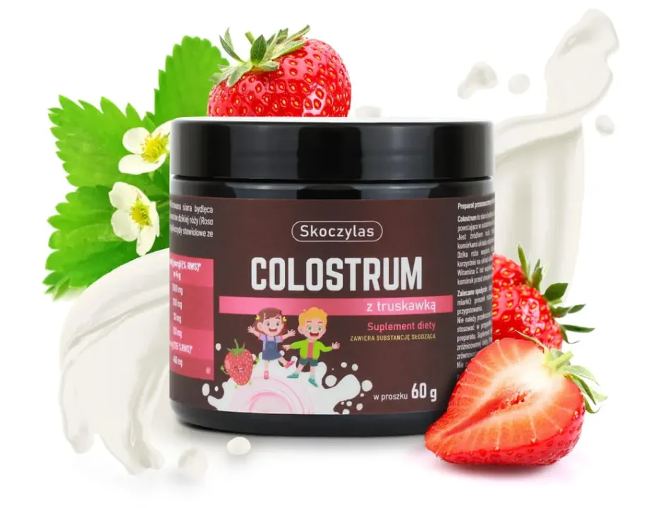 puszka colostrum truskawka owoc2 Skoczylas COLOSTRUM z truskawką dla dzieci 60g Skoczylas - obrazek 1
